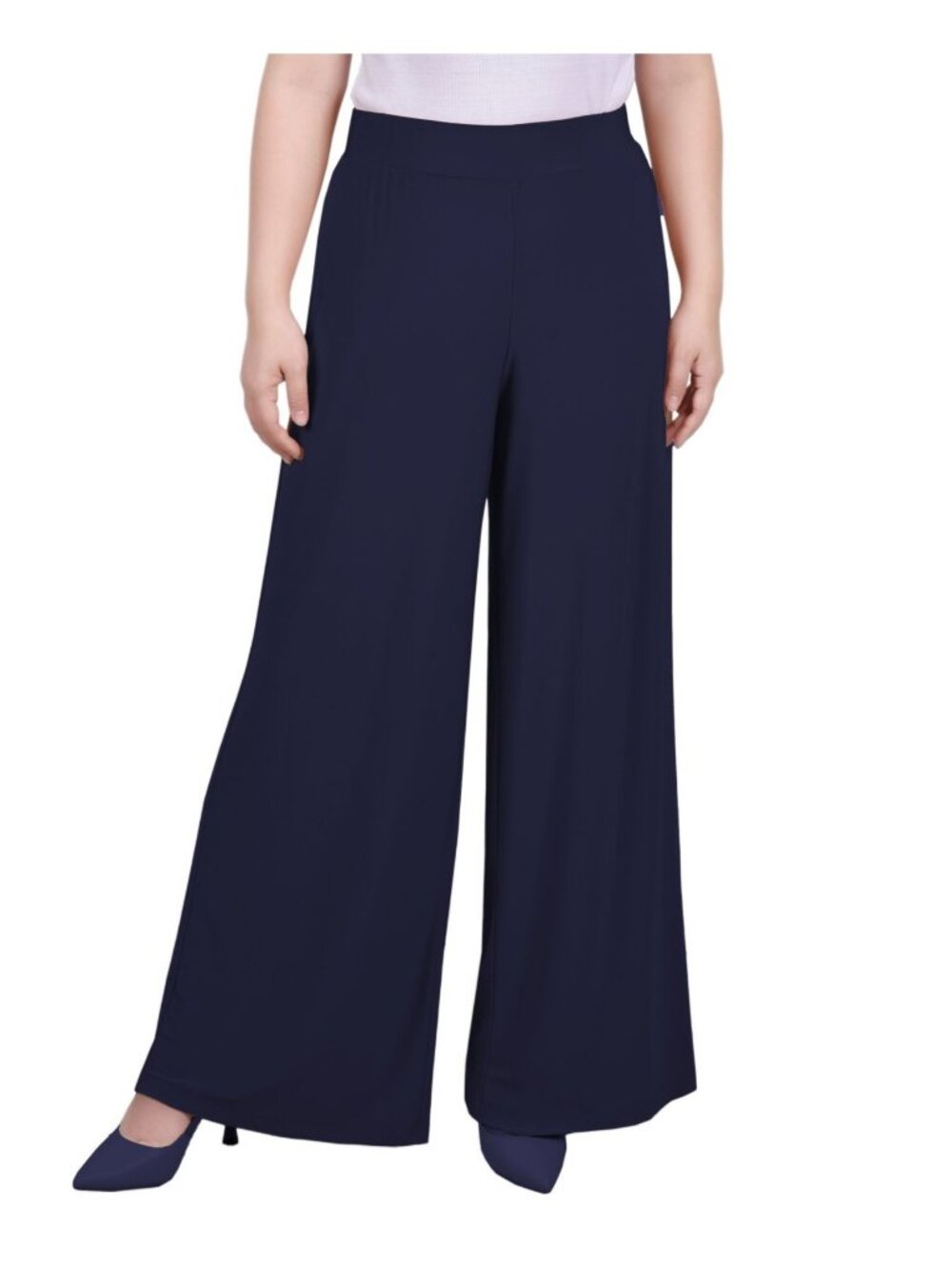 NY Collection Womens Mid Rise Pull On Wide-Leg Palazzo Pant Petite Size PXL Navy
